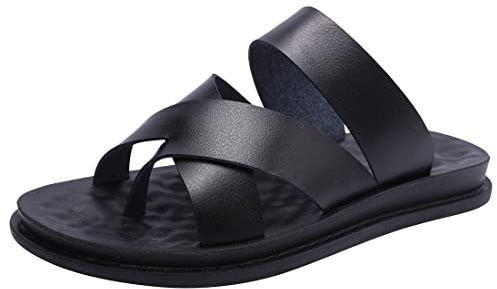 Harssidanzar Sandales en cuir Flip flops slip on Cross straps slide Sandals hommes Toe ring style KM221EU,Noir,taille 45
