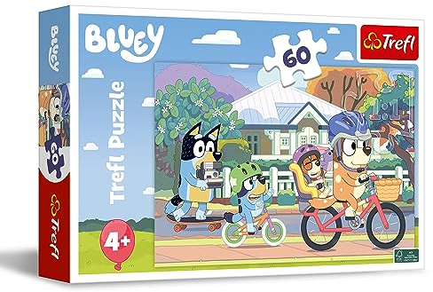 Trefl - Bluey, Glad Bluey - Pussel 60 bitar - Färgglatt pussel med sagans karaktärer, Kreativ underhållning, Lek för barn från 4 år