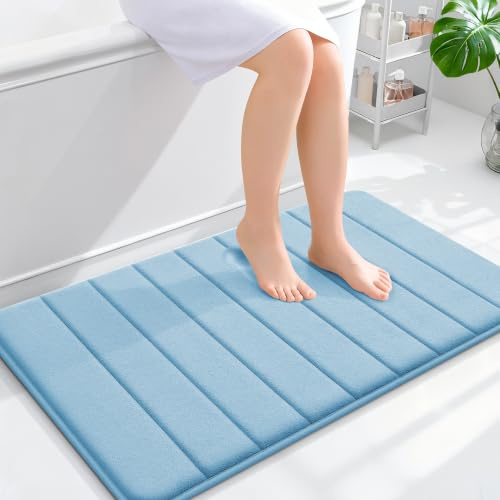smiry Memory Foam Bath Mat 60 x 90 cm Bathroom Mat Blue | Extra Soft Non-Slip Absorbent Machine-Washable, Plush Cushioned for Cozy Foot Feel, Ideal for Shower, Sink & Bathroom Entry