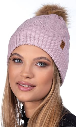 HEYO Dammössa, mjuk vintermössa med fuskpäls, tofs, lätt tofsmössa, mössa, stickad mössa, fodrad, flickor, ROSA, En Storlek