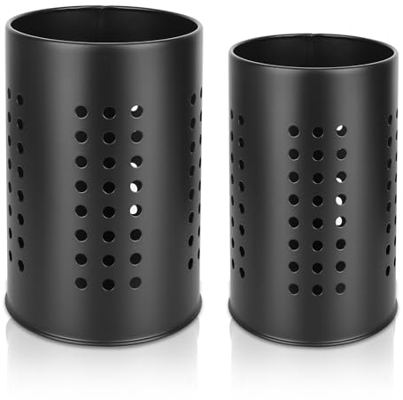 Küchenutensilienhalter für Arbeitsplatte, 2 Stück Küchenutensilien Organizer aus Edelstahl, Runder Besteckkorb, Edelstahl Schwarze Utensilien Caddy für die Arbeitsfläche, Küchen Aufbewahrung