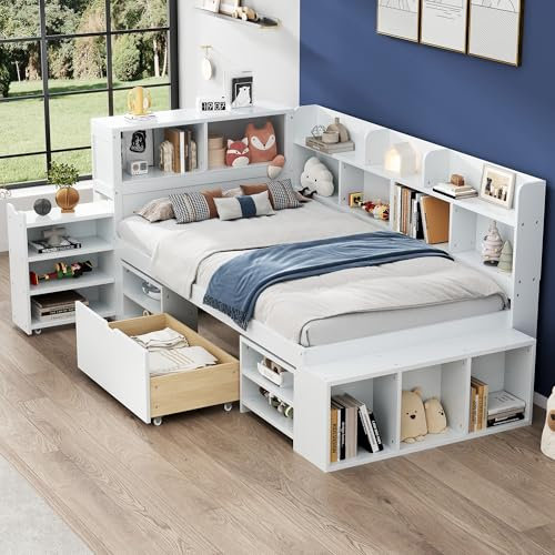 TZCIN Kinderbett 90x200 Einzelbett, Holzbett mit Stauschrank, Bücherregal, Regal und Schubladen, Flachbett Stauraumbett Funktionsbett Jugendbett, Bettgestell mit Lattenrost, Ohne Matratze, Weiß