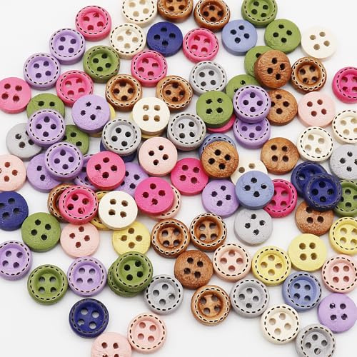 WANYI 100 stycken knappar för sömnad, träknappar, barn, 10 mm, runda färgglada knappar, målning, barnknappar, pysselknappar med hål för kofta, gör-det-själv, hantverk, dekorationer (C)