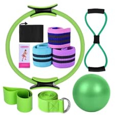 Pilates Essential Kit, Aro Pilates Mujer, Juego De 8 Piezas, Accesorios Pilates para Casa, Aro Pilates, Cintas EláSticas Musculación (Verde)