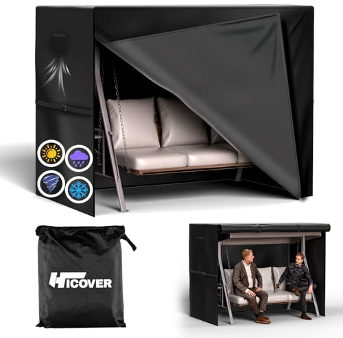 HICOVER Fundas para columpio de jardín de 3 plazas, impermeables, de tela Oxford 600D, para exteriores, resistente al viento, anti-UV, para patio, jardín, hamaca con cremalleras impermeables (negro