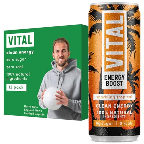 VITAL Energy Boost Sparkling Tropical Energy Drink, 100% Natural Ingredients Spring Water, Sugar-free, Zero Calories, Plant-based Sweetener, Contains 12 X 330ml Cans (12-Pack)