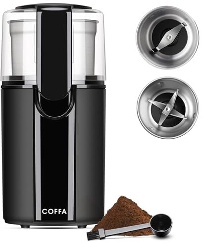 Electric Coffee & Spice Grinder – 200W, 70g Capacity, 2 Stainless Steel Bowls for Wet & Dry Grinding, Includes 2-in-1 Scoop & Brush, One-Touch Compact Design COFFA®