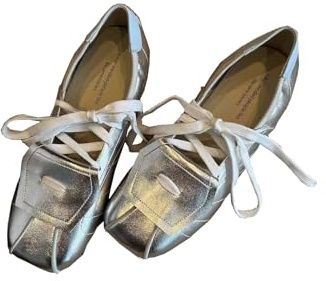 Women's Ballet Sneakers Leather Trendy Lace Up Wide Toe Ballerina Flats Low Toe Mary Jane 2025 Spring Summer Casual Daily Comfortable Footwear (Sliver,6.5)