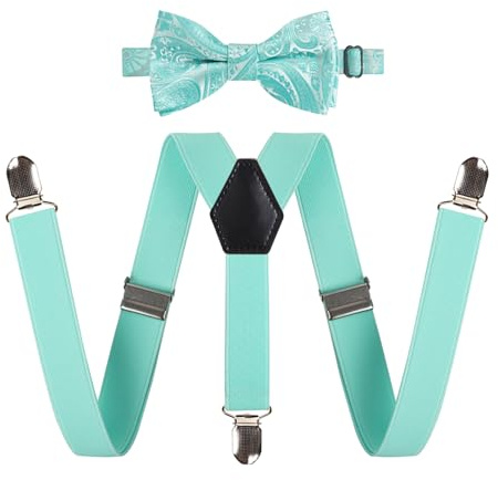 Alizeal Kids Adjustable 3-clip Braces and Pre-tied Novelty Bow Tie, Light Mint