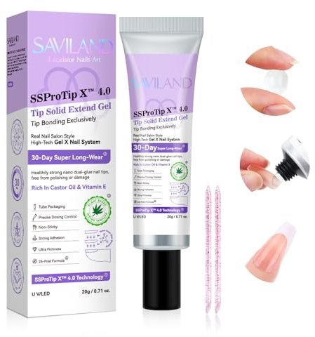 SAVILAND Nail Glue Extra Strong: 20g Solid Nail Glue for Press on Nails & False Tips 30-Day Long Lasting Non-Sticky UV Nail Adhesive 3D Nail Art Gel for Home DIY Salon Manicure, U V/LED Lamp Required