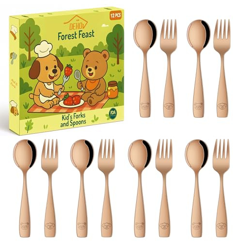 Rose Gold Toddler Forks and Spoons Set of 12, Stainless Steel Kid's Cutlery Set, Small Spoon and Fork for Children, Metal Toddler Eating Utensils Set