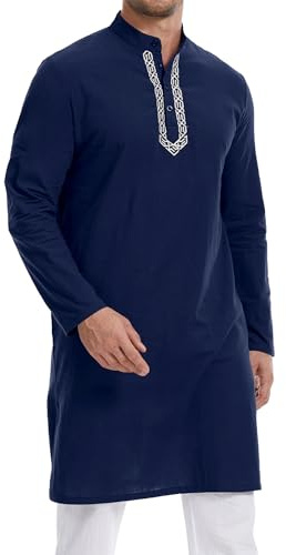 YAOHUOLE Muslim Men Clothes Kurta Pajama Style Thobe Traditional Wear Navy Blue XL