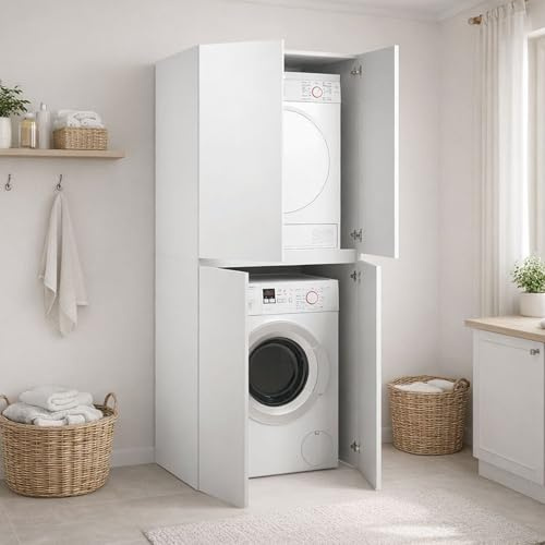 Dmora Armadio Multiuso Grande Lobelia 70x195h cm Bianco un Ripiano Apertura Battente, Porta Lavatrice e Asciugatrice Made in Italy