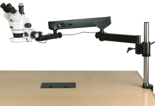 AmScope SM-8T-144S Professional Trinocular Stereo Zoom Microscope, WH10x Eyepieces, 7X-45X Magnification, 0.7X-4.5X Zoom Objective, 144-Bulb LED Ring Light, Articulating-Arm Boom Stand, 110V-240V