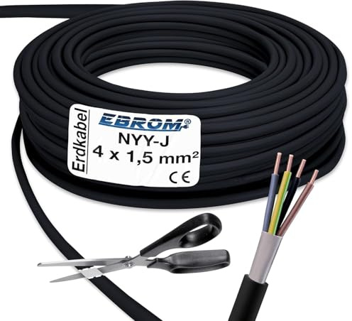 EBROM Cavo di terra NYY-J 4 x 1,5 mm² – Cavo di corrente ad alta tensione – Tubo di terra in PVC – nero – al metro preciso – Selezione in incrementi di 1 metro – Molte lunghezze – NYY-J 4 x 1,5 mm2 –