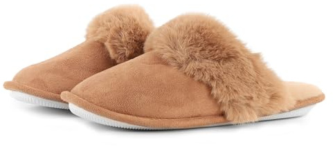 Ladies Faux Suede Slip On Mule Slippers with Fur Lining, Size 3-8 | Luxury faux suede mule slippers with warm faux fur lining and easy slip-on fit, available in sizes 3-8 UK