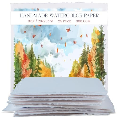 Wanderings Carta per Acquerello Spessa Fatta a Mano con Bordo Irregolare – 20×20 cm – 300 GSM – Carta Bianca Pressata a Caldo per Tecniche Miste in Cotone Riciclato – 25 Fogli Sfusi
