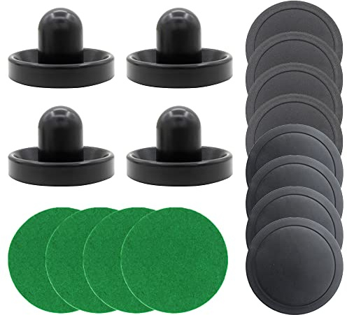 BQSPT Air Hockey Pucks and Paddles,Black Air Hockey Puck Pusher,Goal Handles Paddles Replacement Accessories for Game Tables (4 Striker 96mm with Pads, 8 Pucks 64mm Thick and Thin)