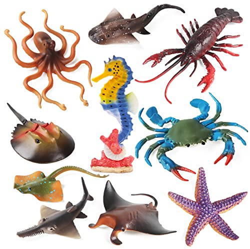 Oceano mare animali giocattoli figurine, 10 pezzi grande plastica mare creatura giocattoli oceano animali figure cavalluccio marino stella marina granchio aragosta polpo pesce diavolo razze mare vita