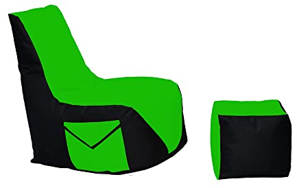 Momiralland Komfort Sitzsack XL - XXL mit Hocker Sitzkissen BodenKissen Sessel In- & Outdoor geeignet Gaming Sitzsack für Erwachsene und Kinder (Schwarz – Grün, XL - Durchmesser 75 cm)