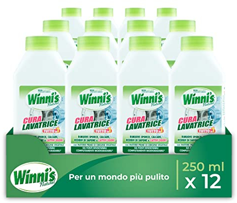 Winni's - Cura Lavatrice Igienizzante, Azione Detergente, Anticalcare e Anti Cattivi Odori, con Materie Prime di Origine Vegetale e Bio, 250 ml x 12 Confezioni