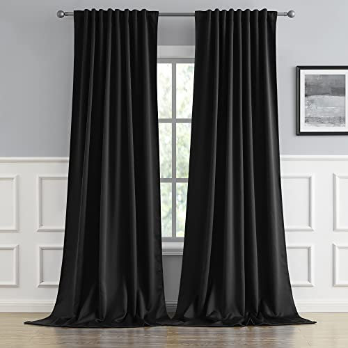 DUALIFE Black Out Curtain Drapes 108 Inch Length for Living Room Thermal Insulated Blackout Energy Saving Long Curtains for Patio Sliding Glass Door, Black,52x108 Inch,9FT,2 Panels