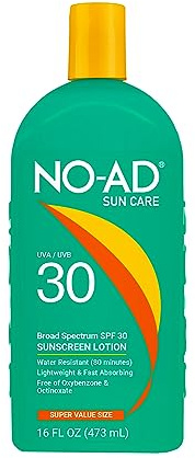 NO-AD SPF 30 Sunscreen Lotion | Broad Spectrum UVA/UVB Protection Water Resistant | Octinoxate & Oxybenzone Free with moisturizing Vitamin E and Aloe 16oz