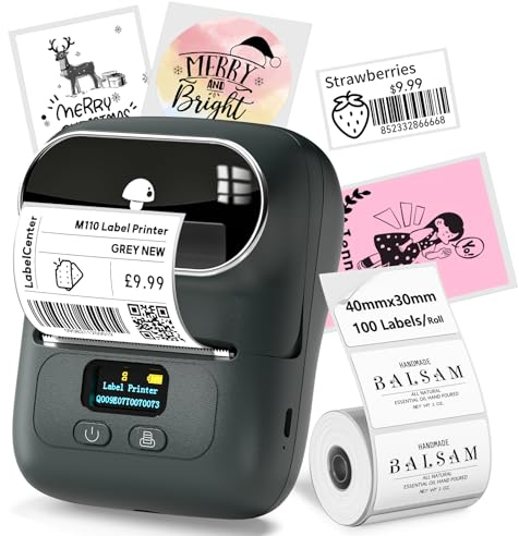 LabelCenter M110 Bluetooth Thermo Etikettendrucker, aktualisierte Tragbarer Etikettiergerät für Kleinunternehmen, Lebensmittel,Adressen, Barcodes, Logos kompatibel mit Android/iOS (+1 Rollenetikett)
