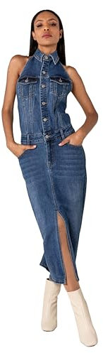 Nina Carter S537 Langes Hemdkleid Rückenfreies Kleid mit Schlitz Stretch Jeanskleid Used-Look (Blau (S537), S)