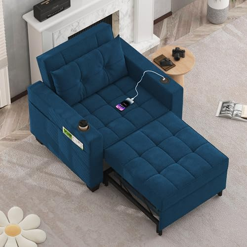 DURASPACE Pull Out Sofa Bed 3-in-1 Convertible Sofa Sleeper Chair Bed with USB, Cup Holder, Adjustable Armchair Beds for Small Spaces, Apartment, Living Room, Office (Blue Linen)