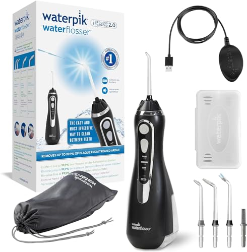 Waterpik Munddusche kabellos, Cordless Advanced, Testsieger 2024, Precision Pulse Technology, bis zu 99,9 Prozent Plaque Entfernung, 4x Aufsätze, 3 individuelle Modi, Induktionsladesystem, Schwarz