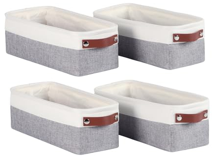 Univivi Small Storage Boxes, Fabric Storage Basket Set of 4 with Leather Handles, Storage Baskets for Shelves, Foldable Baskets for Toys, Clothes, Office Products and Other Sundries (White/Grey)