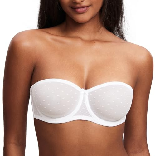 DOBREVA Women's Strapless Bra See Through Sheer Underwired Bras Unlined Plus Size White 36E