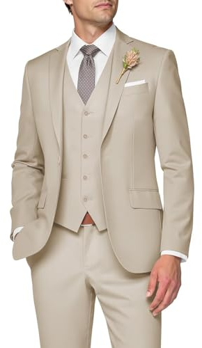 SPTALLFITJSV Costume 3 pièces pour Homme, Coupe ajustée, Costume de Mariage élégant à Un Bouton, Gilet et Pantalon, Beige, Taille M