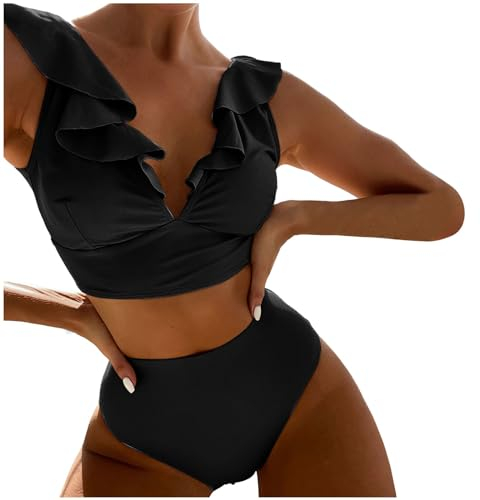 Neuer mehrfarbiger, gerüschter, geteilter Badeanzug mit V-Ausschnitt hoher Taille, geteilter Bikini für Damen Fliegeruhr (Black, S)