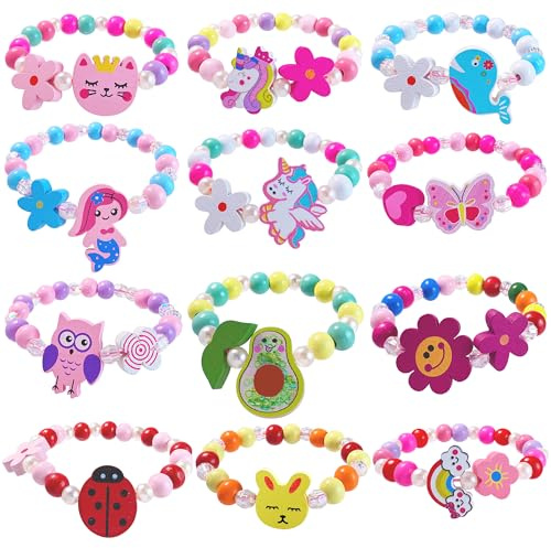 SIELEVIN 12 PCS Girls Bracelet for Kids Unicorn Mermaid Wooden Beaded Bracelets Birthday Stuffers Cute Rainbow Butterfly Heart Jewelry Gifts