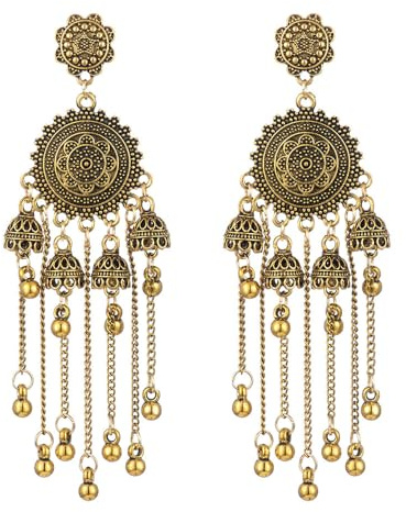 Bollywood - Orecchini indiani tradizionali etnici con perle Jhumka Jhumki per donne e ragazze, con perle boemiane lunghe nappe, pendenti, campane tribali, gioielli regalo, Metallo