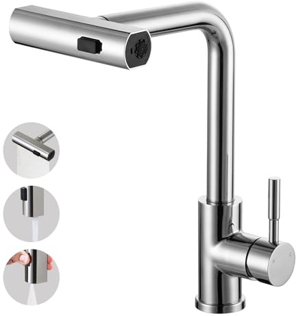iVIGA Wasserhahn Küche, Küchenarmatur Ausziebar mit Brause, Hochdruck Wasserfall Spültischarmatur 360° Drehung Mischbatterie Armatur Küche, 3 Wasserstrahlarten, Chrom