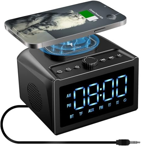 CofunKool Bedside FM Radio Alarm Clock Bluetooth Speaker with 15W Fast Wireless Charging, 10W Loud Stereo, TF Card/USB Flash Drive/AUX Input, 6 Sleep Noise Sound, Dimmable, Stepless Volume, Black