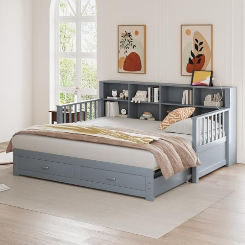 Lexiou Divano letto estraibile in legno massello 90/180 x 190 cm, con presa di ricarica sullo schienale laterale, con 2 cassetti e rete a doghe, letto in pino multifunzione (grigio)