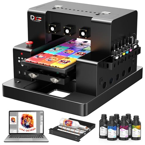 DXZ Upgraded A3 UV Printer with L805 6-Color Printhead, Vacuum Platform & White Ink System – High-Resolution Flatbed Printing for Phone Cases, Bottles, Wood & More (Black, A3 UV Printer+Laptop)
