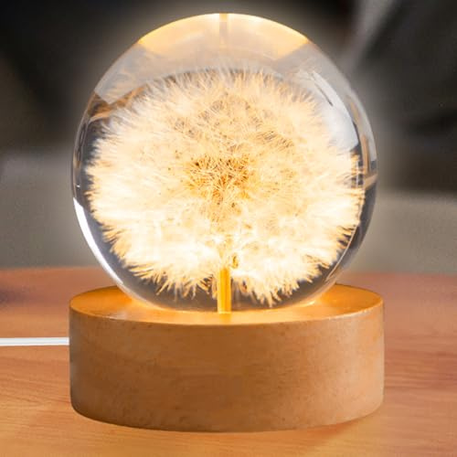 Sfera di cristallo con dente di leone, 60 mm, lampada a sfera di vetro con base in legno, decorazione sfera di cristallo, leone in vetro, luce notturna con illuminazione a LED, regalo per donne