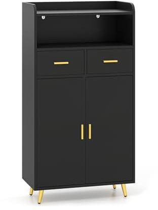 LIFEZEAL Armario de Almacenamiento Multiusos con Puertas, 2 Cajones y Estante Ajustable, Armario de Salón para Comedor, Sala de Estar y Baño, 60 x 30 x 113 cm (Negro)