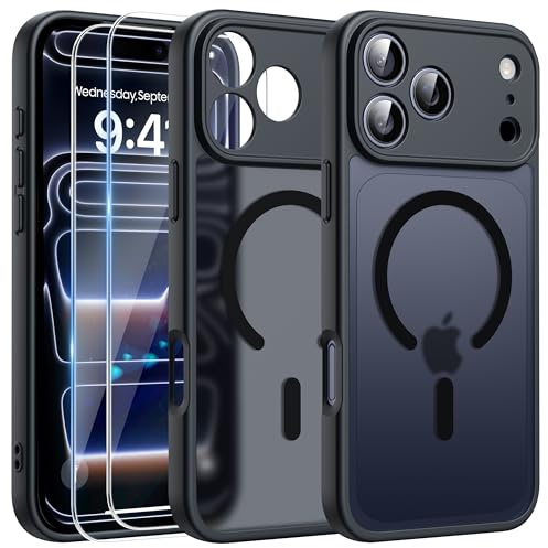 FLLAO Funda para iPhone 17 Pro, Compatible MagSafe, con 2 Piezas Protector de Pantalla Cristal Templado, [Protección de Cámara] Magnética Carcasa Translúcida Mate Trasera Fina Antigolpes, Negro