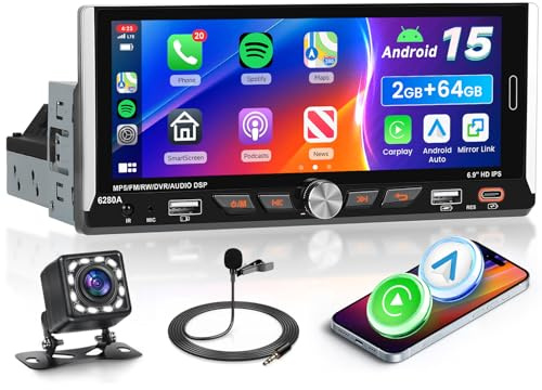 2+64 GB VECHTEL 6,9 tum 2 DIN-bilradio med Android Auto trådlös CarPlay, EQ, Android 15, FM-RDS-radio, IPS-skärm, wifi, GPS, 2 USB/typ-C, bluetooth och rattkontroller för backkamera