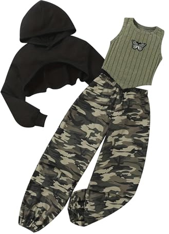 Sxiwei Mädchen Sportbekleidung Street Dance teiliges Gymnastik Tanz Hip Hop Hoodie Langarm Pullover Sport Top Cargo Hosen Schwarz Armeegrün 134-140