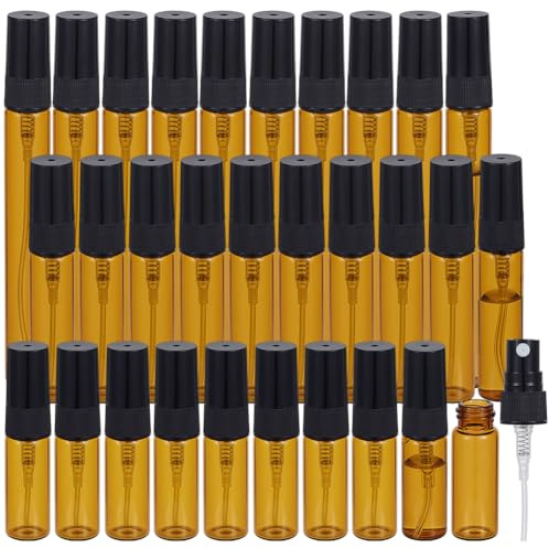 BENECREAT 30 mini botellas de spray de cristal ámbar de 3/5/10 ml vacías con niebla fina botella de viaje portátil para perfume, cosméticos, aceites esenciales, riego de flores
