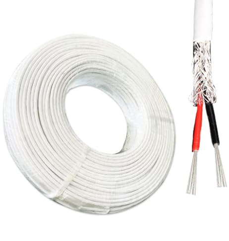 18AWG 2-kärnig 300FT/rulle FEP Högtemperaturskärmad Kabel, 18/2 Gauge Försilvrad Kopparledare, Flätad Silverskärm, 300V/600V Elektrisk Ledning, Vit(0.35mm²)
