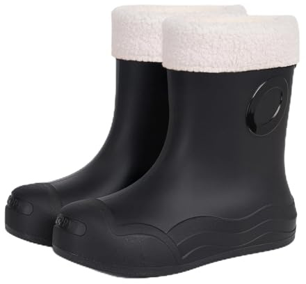 Bottes Pluie Mollets Larges, Talon Femme Bottes Caoutchouc Fourrées Femme Bottines à Talons Carrés pour Mi-Mollet Semelles Antidérapantes Hiver