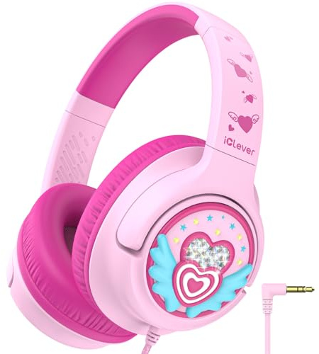 iClever hörlurar barn, 85 dBA säkert ljud, vikbar Over-Ear 3,5 mm hörlurar barn med kabel, barnhörlurar för pojkar och flickor, perfekt för skola, resor, surfplatta, iPad, makaronrosa
